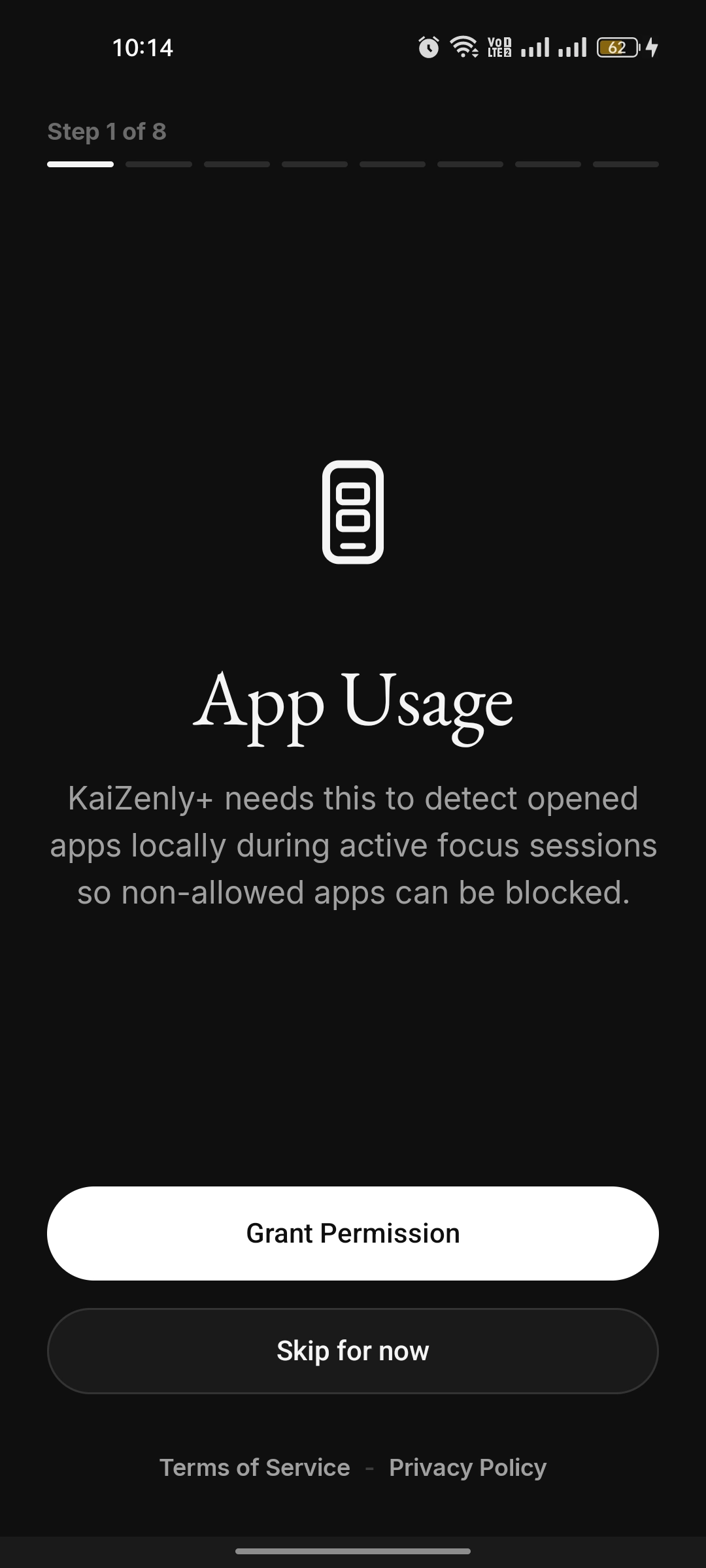 Permission step 1 of 8 — App Usage, explaining it detects opened apps locally during focus