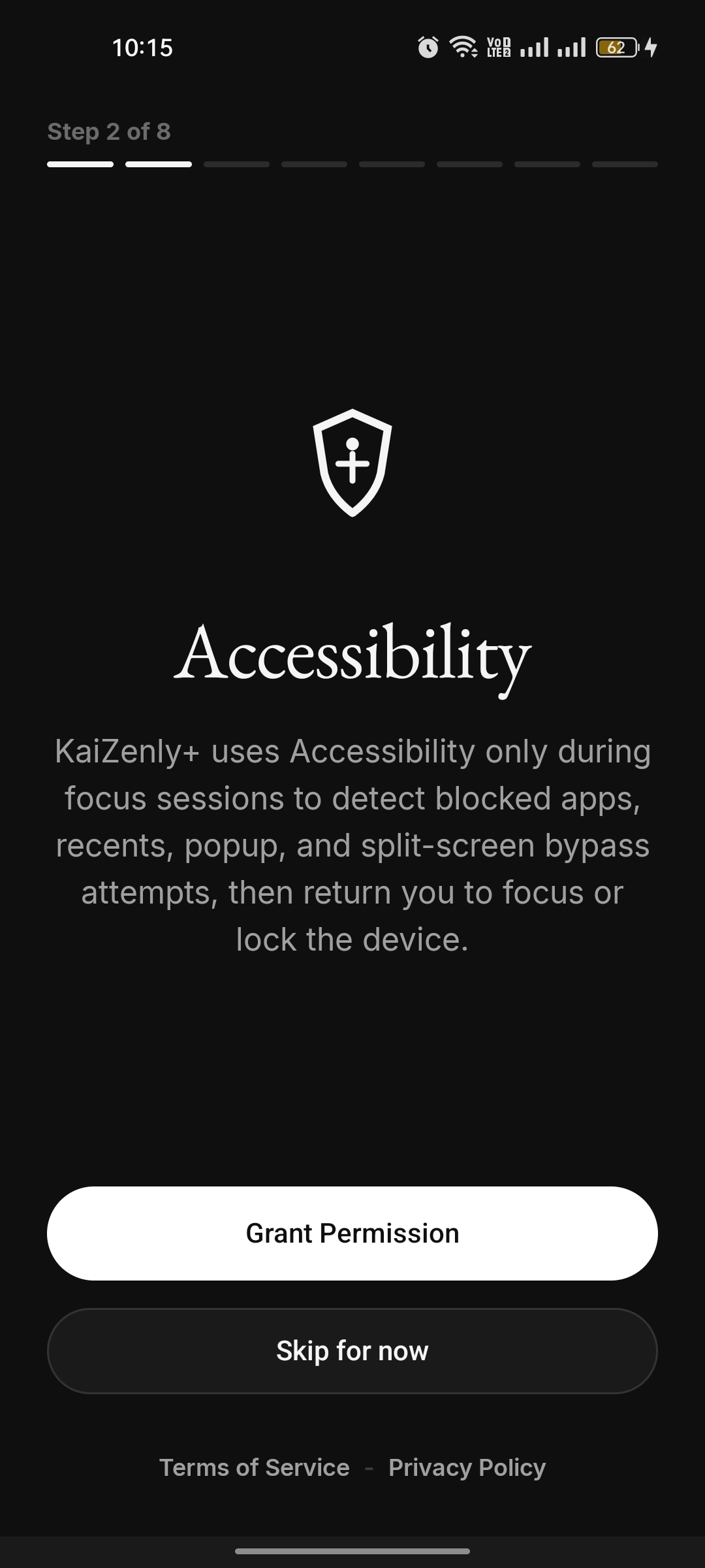 Permission step 2 of 8 — Accessibility, used only during focus to catch bypass attempts
