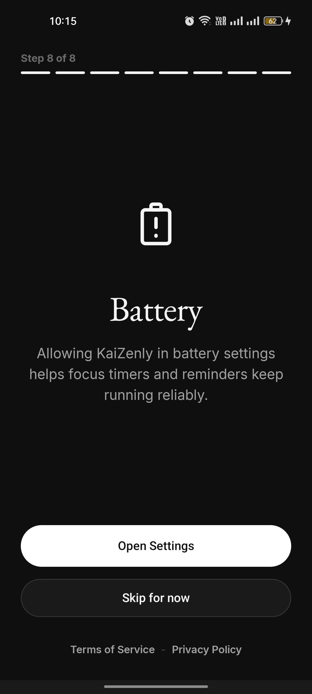 Permission step 8 of 8 — Battery, so focus timers and reminders keep running reliably