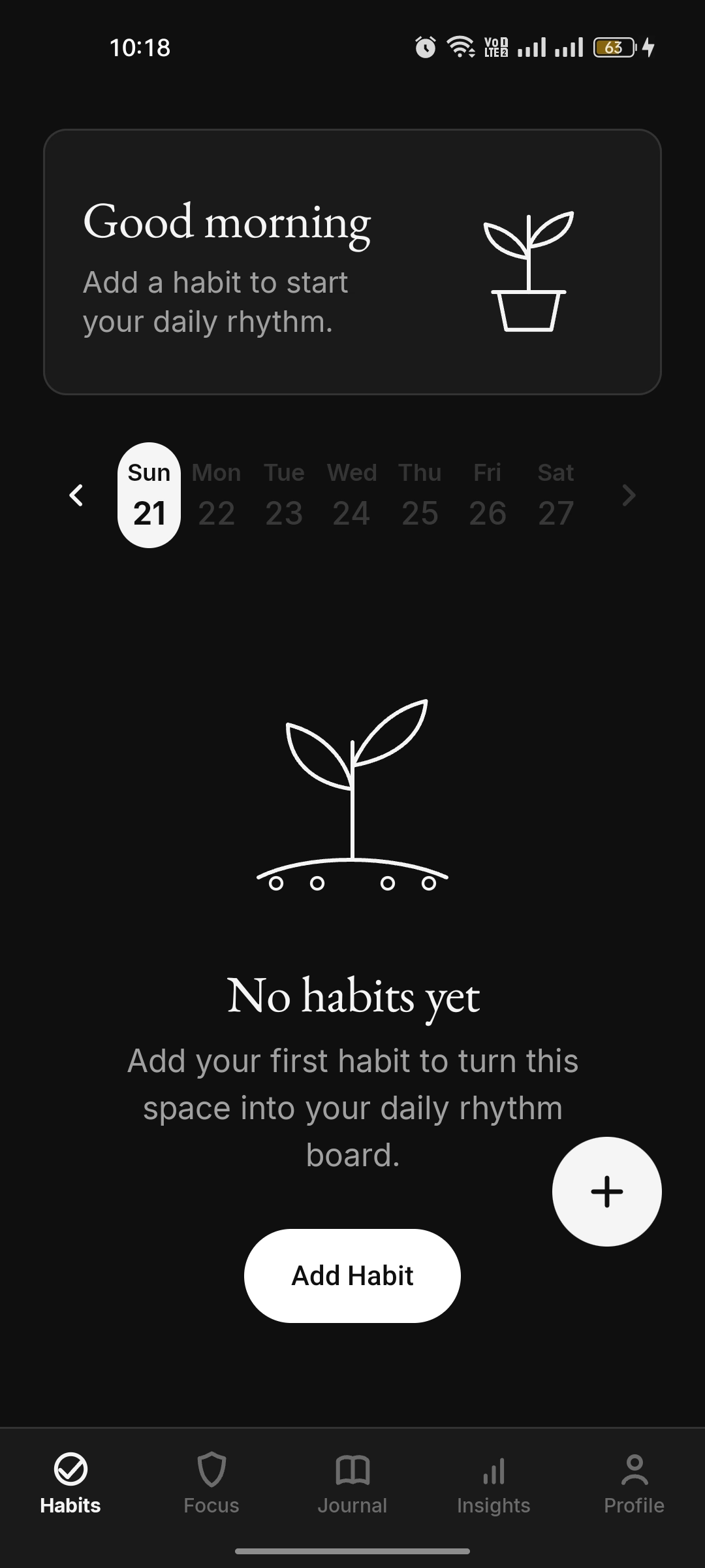 Empty habits screen with a sprout illustration and "No habits yet"