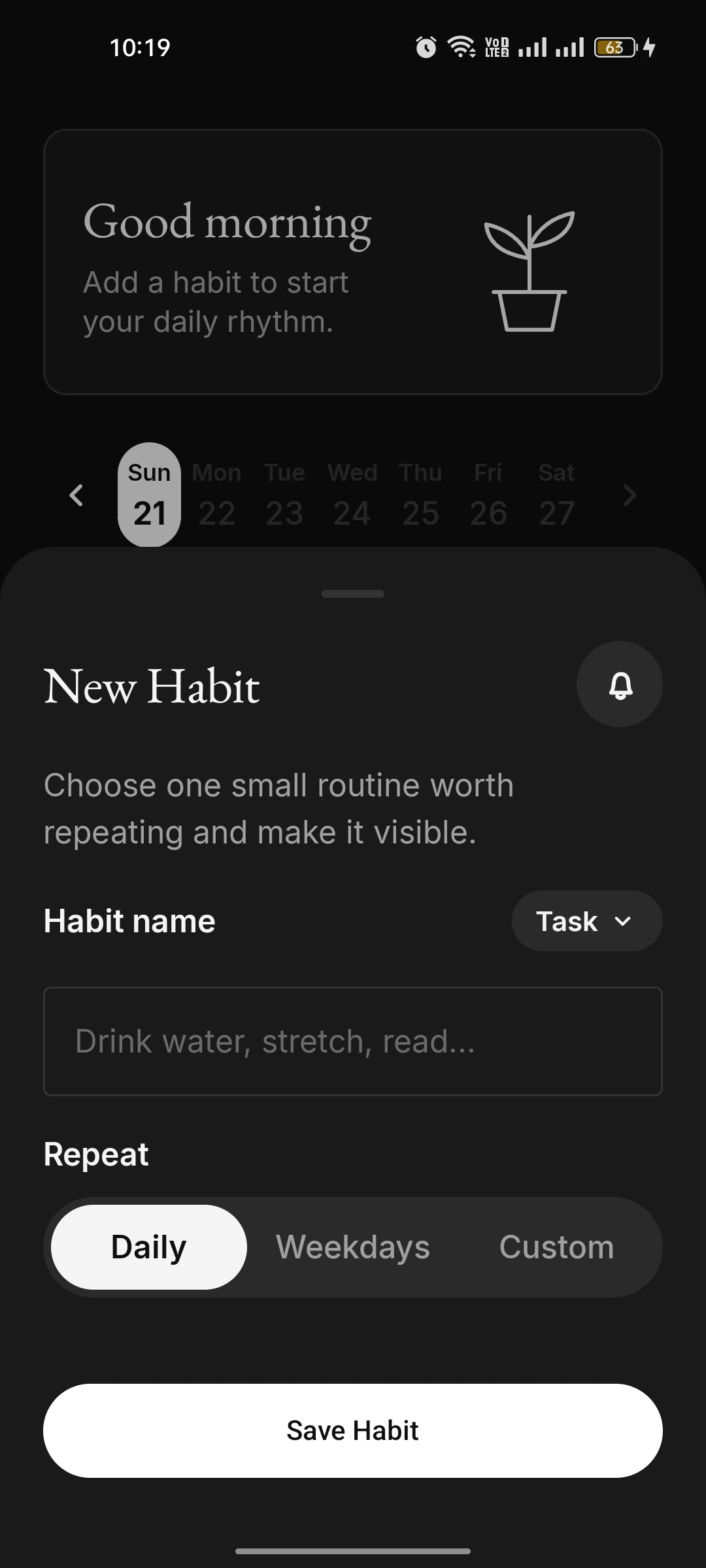 New Habit bottom sheet with a Task type and a daily repeat