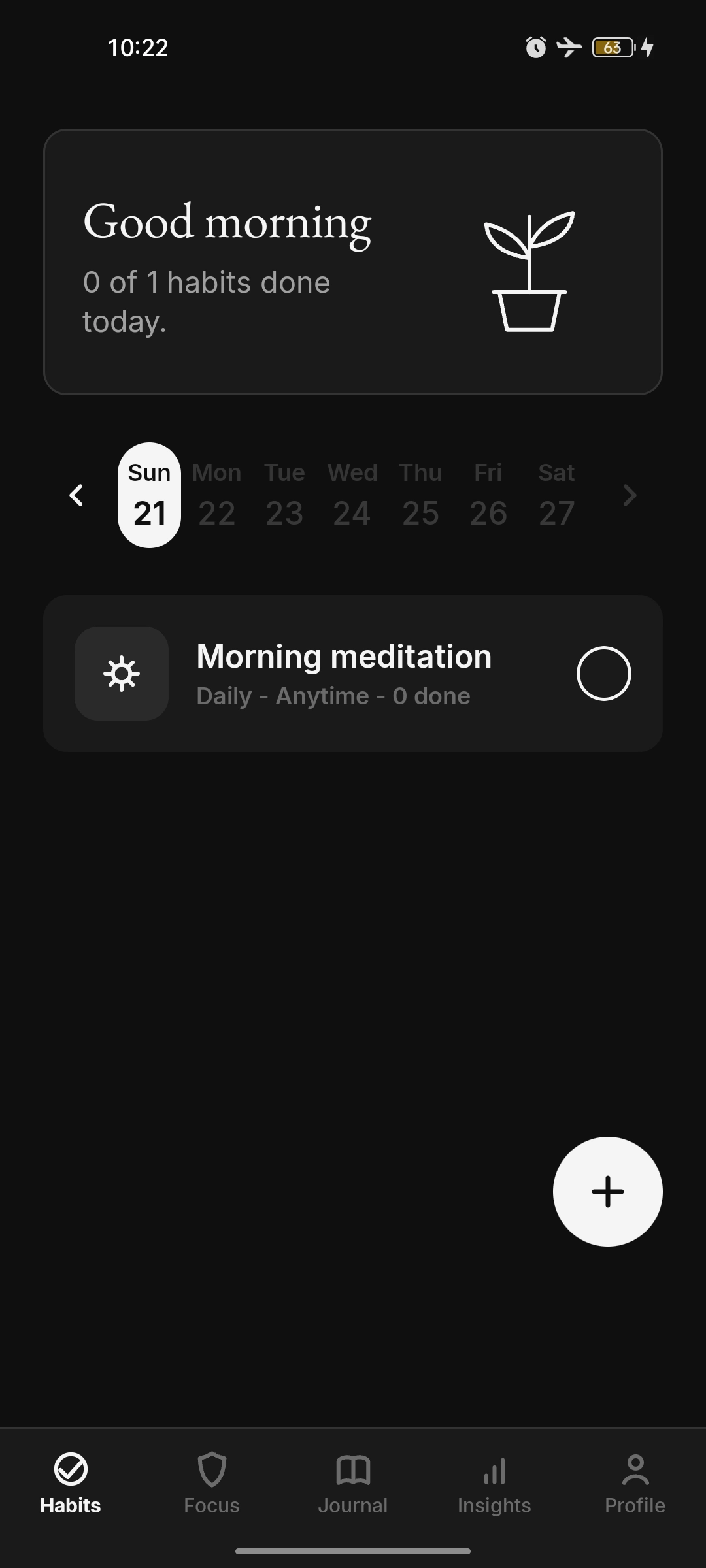 Habits list with a single habit, Morning meditation, not done yet