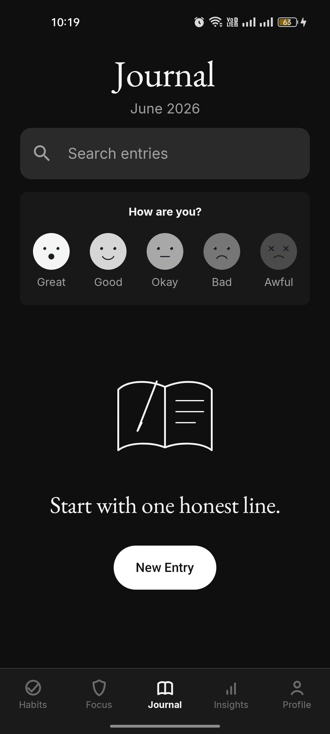 Empty journal with a mood picker and start with one honest line