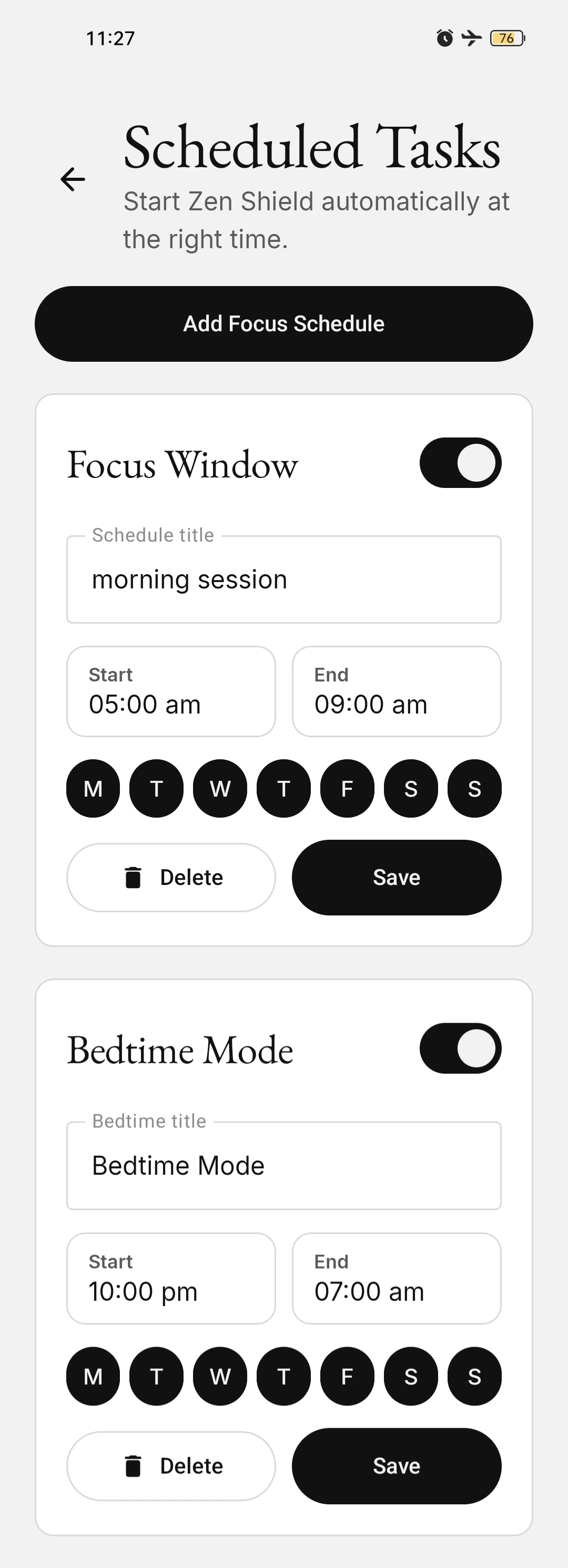 Scheduled focus window and bedtime mode