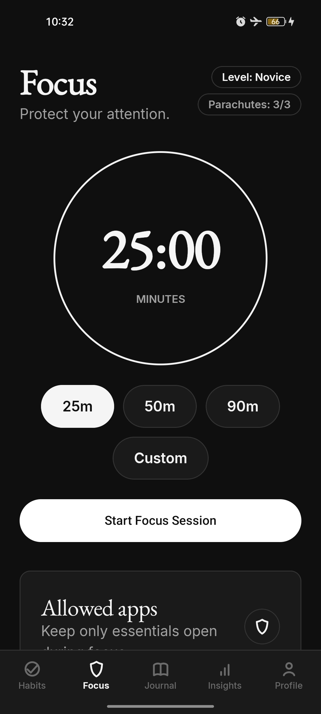 Focus setup in dark theme with three of three parachutes