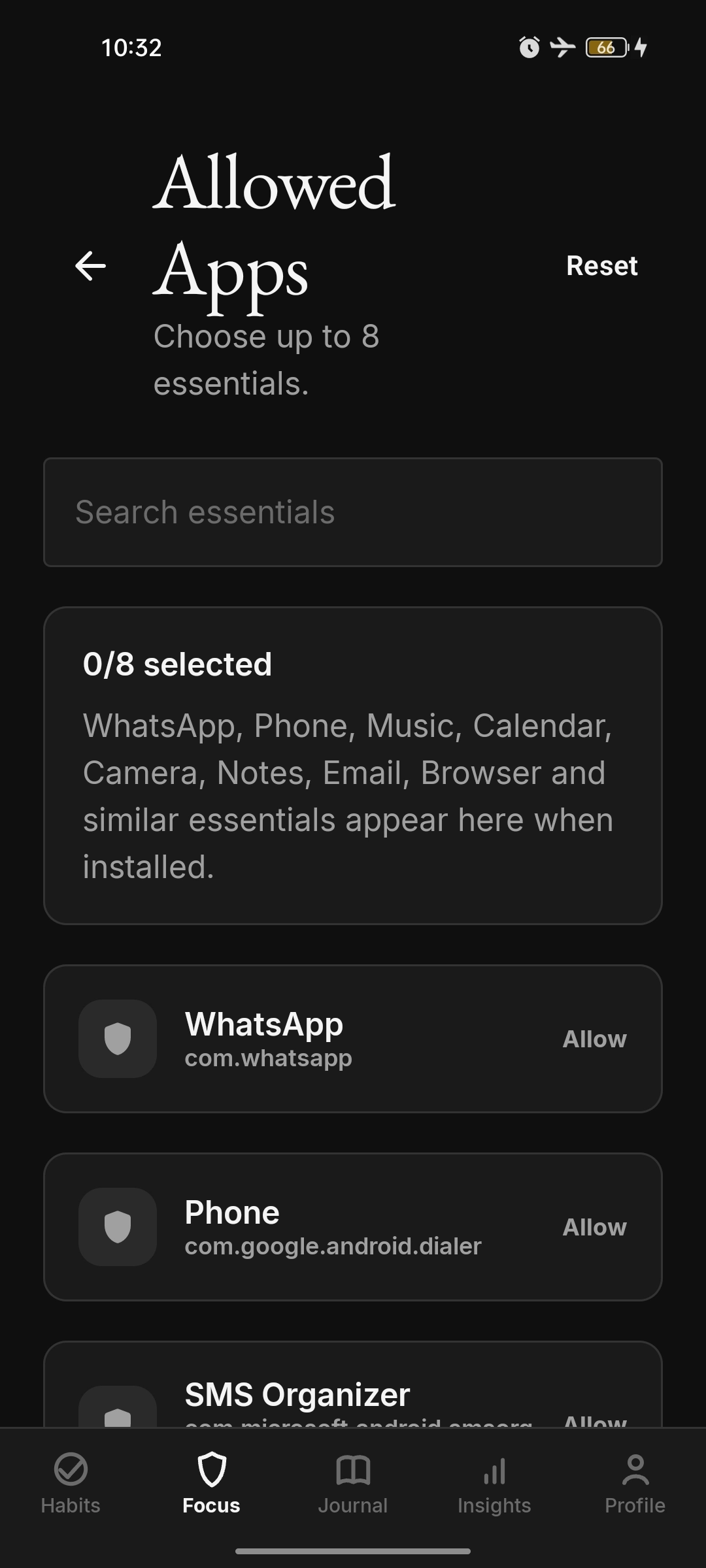Allowed apps picker with WhatsApp, Phone and SMS