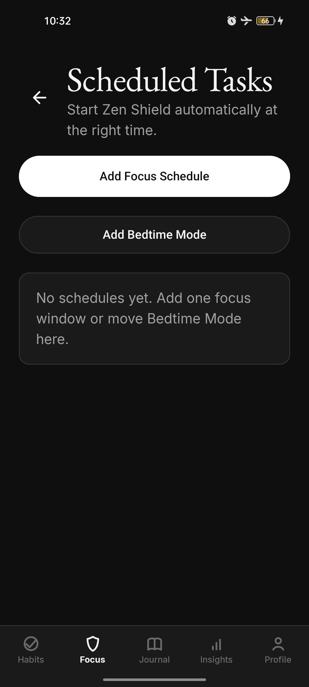 Empty scheduled tasks screen with Add Focus Schedule and Add Bedtime Mode