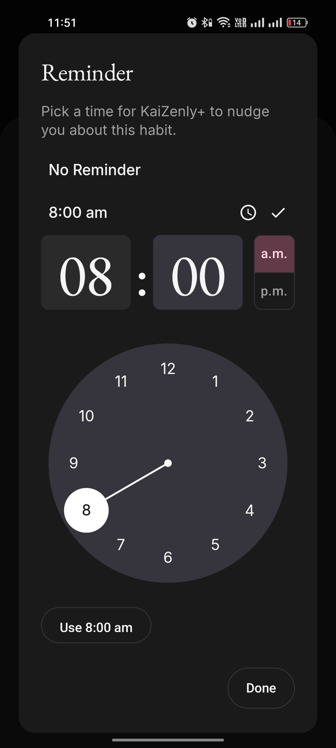 Habit reminder time picker with a clock face