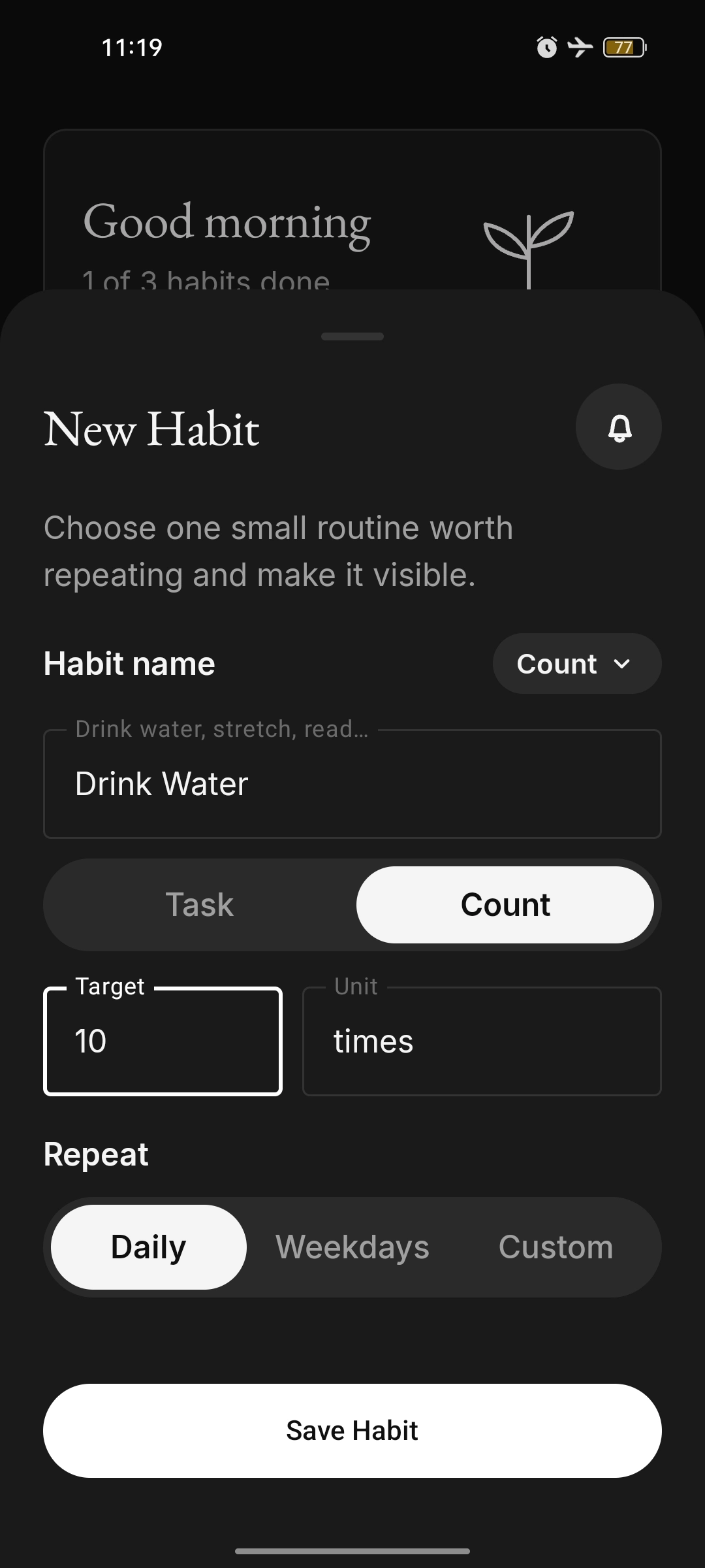 New Habit sheet, Count type, Drink Water with a target of ten times