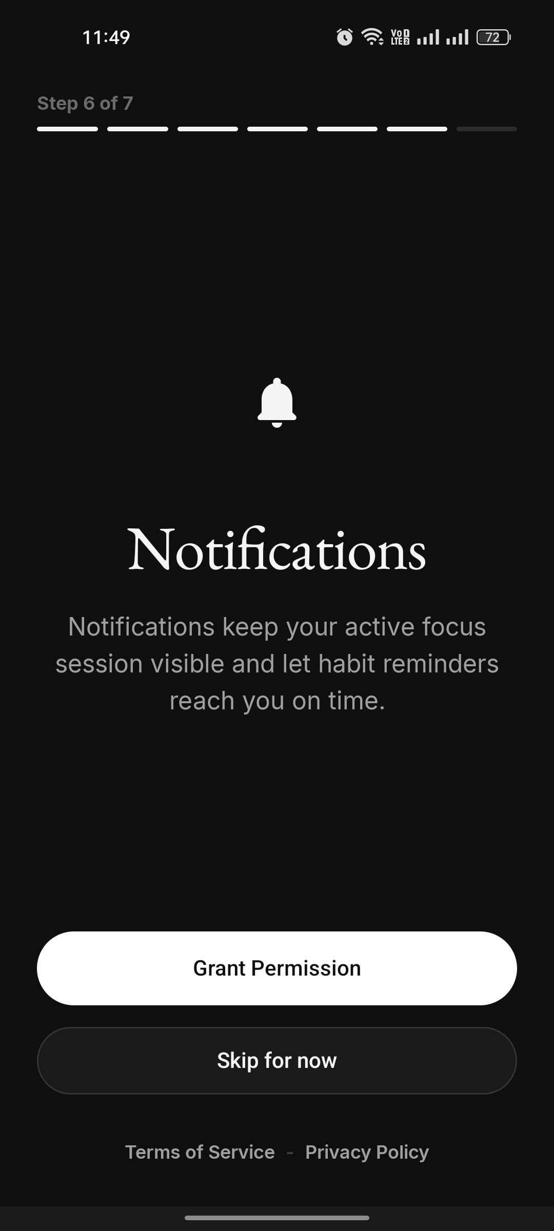 Permission step 6 of 7 — Notifications, keeping a focus session visible and reminders on time