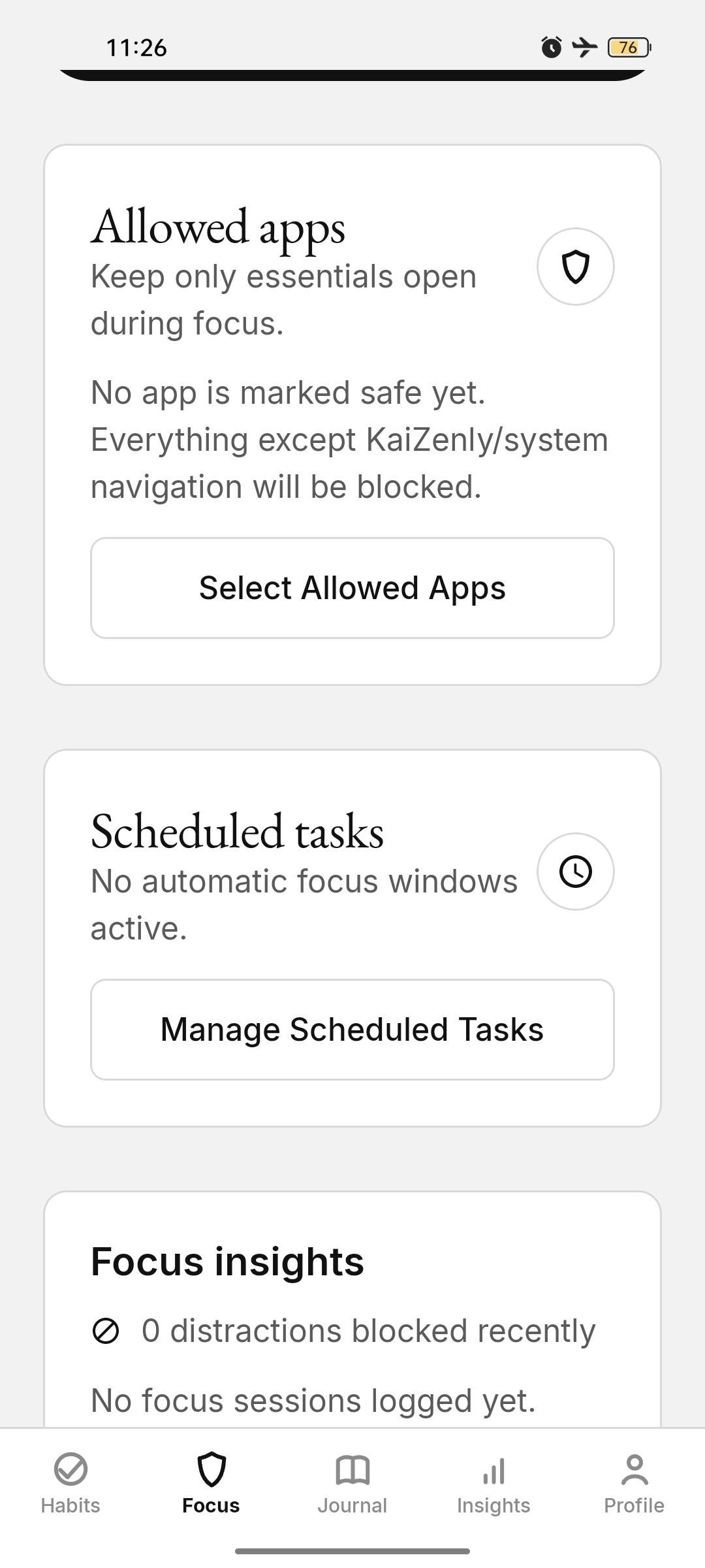 Focus home with allowed apps, scheduled tasks and focus insights cards before any session
