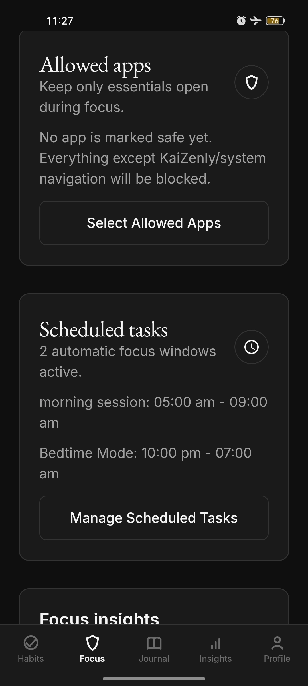 Scheduled tasks with two active windows, a morning session and bedtime mode, in dark theme