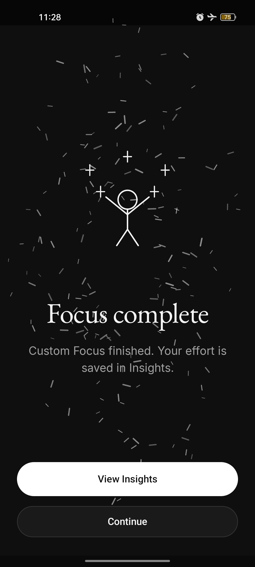 Focus complete celebration with confetti and a View Insights button