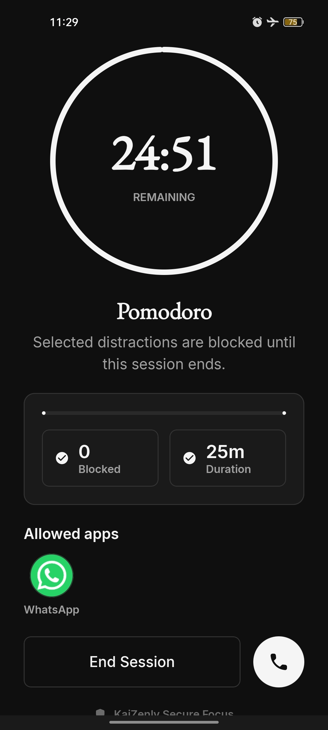 Running Pomodoro focus session, 24:51 remaining, WhatsApp allowed