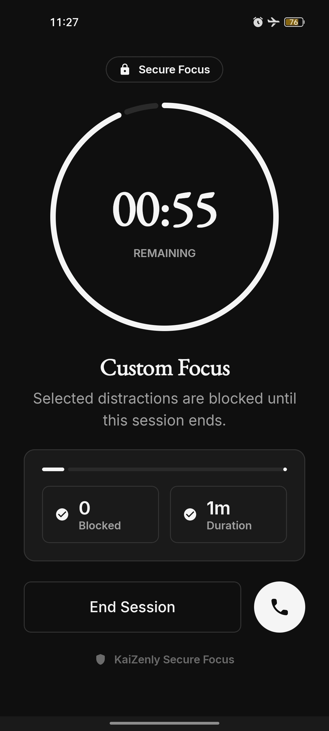 Running Custom focus session with fifty-five seconds remaining