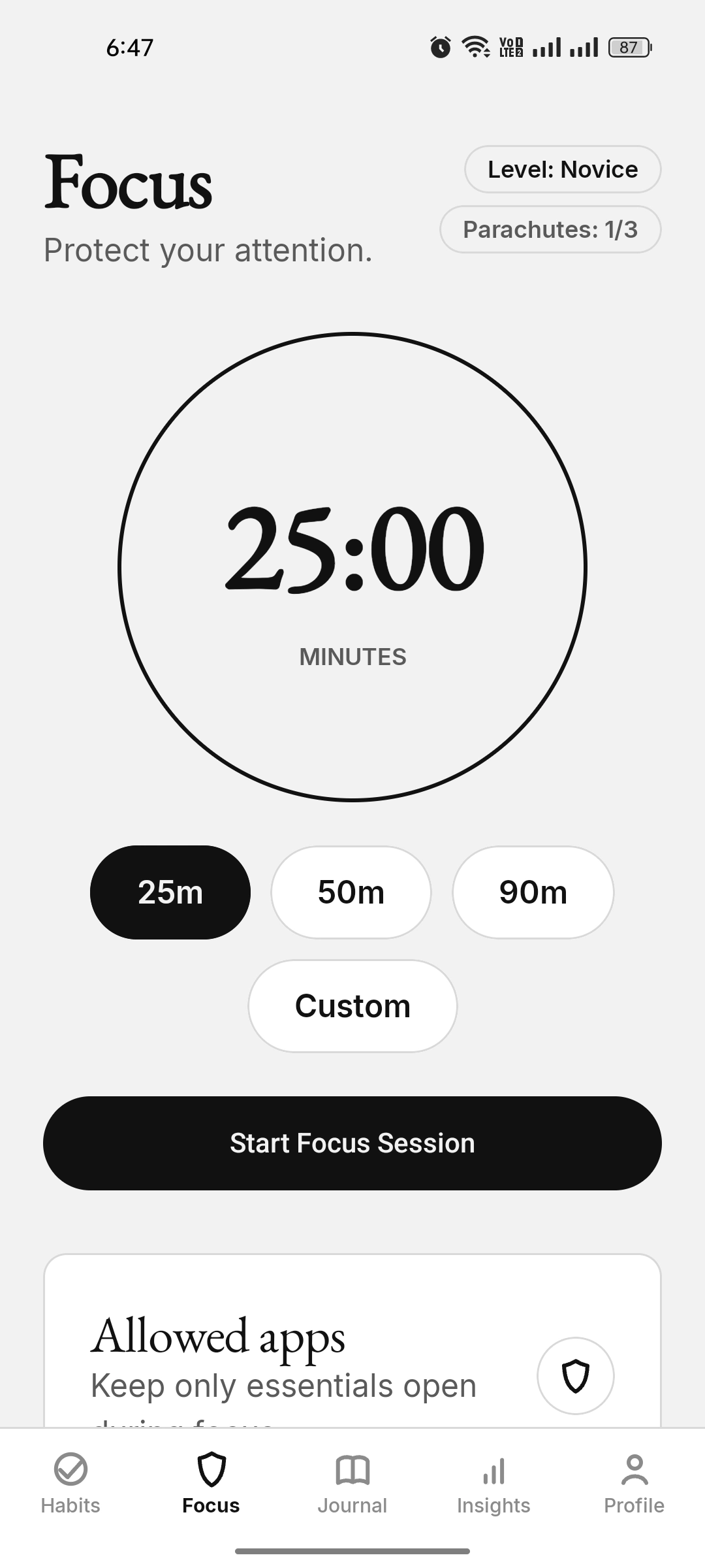 Focus session setup with allowed apps