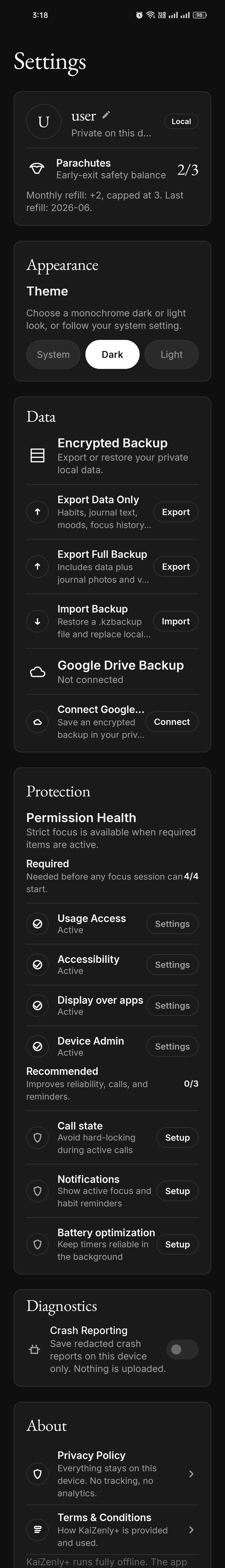 Settings screen with theme and backup options