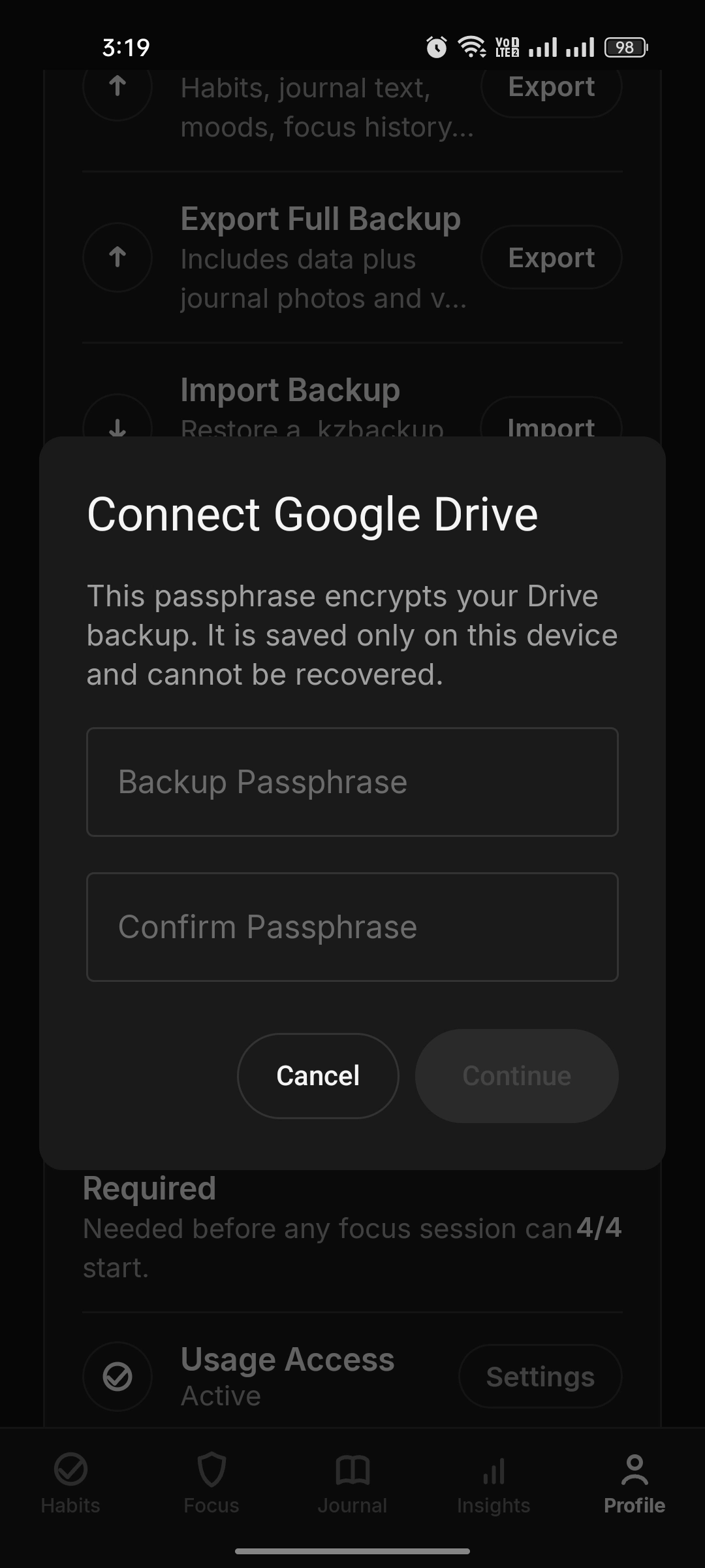 Connect Google Drive passphrase dialog