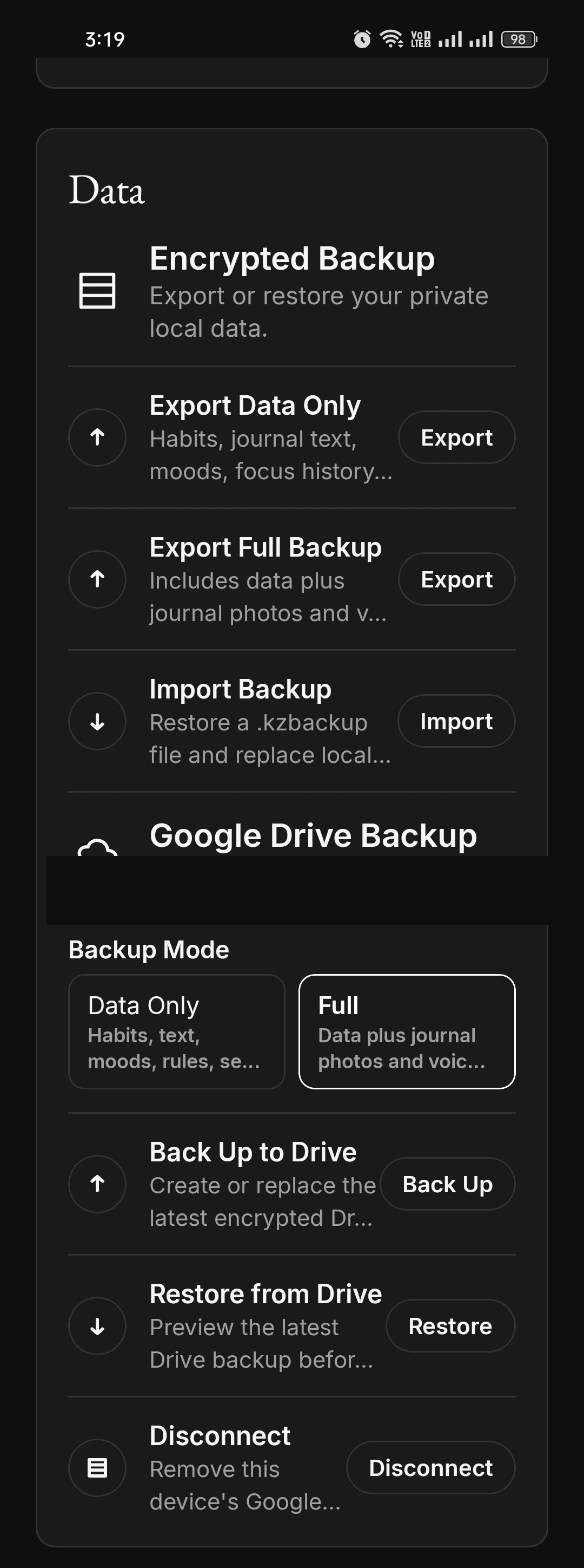 Encrypted backup screen with export, import and Drive (email masked)