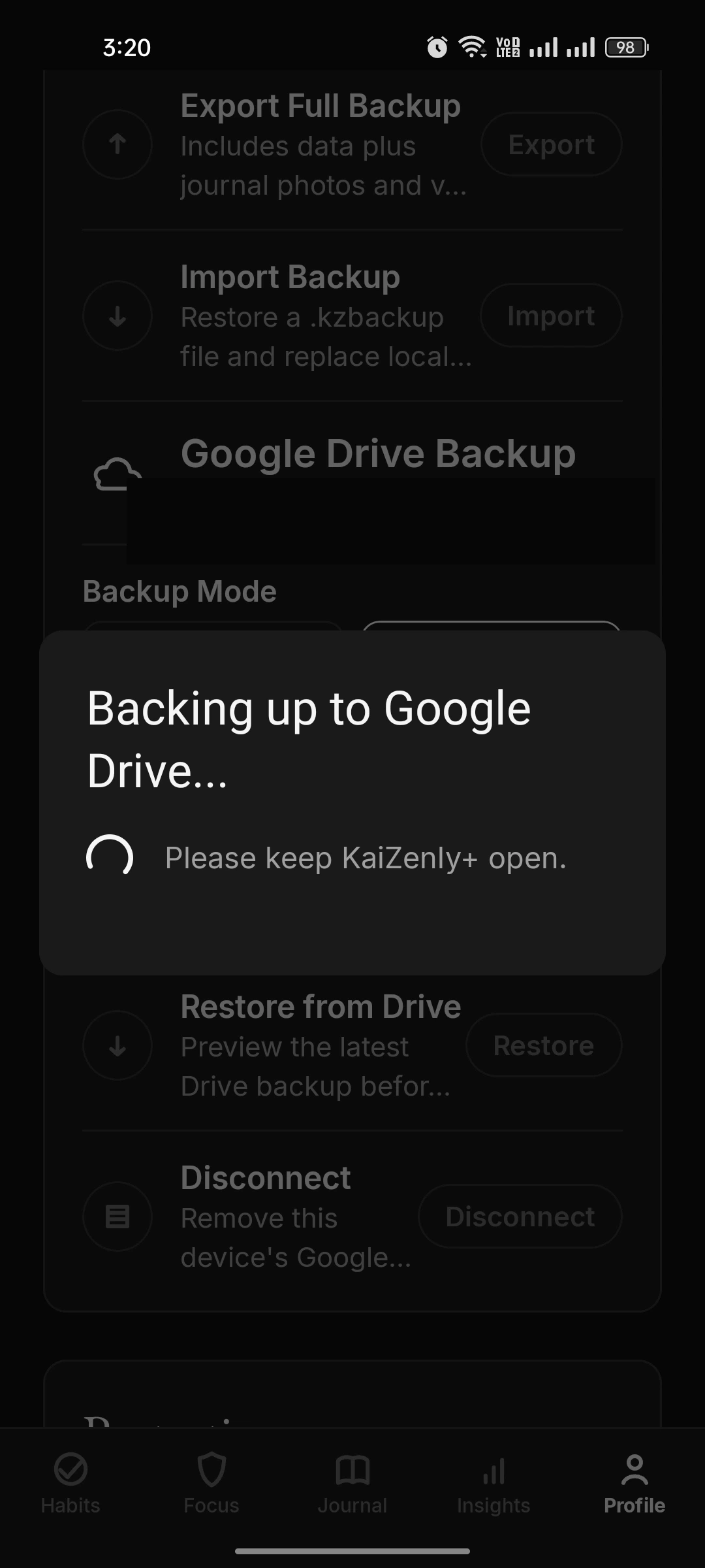 Backing up to Google Drive progress dialog (account email masked)