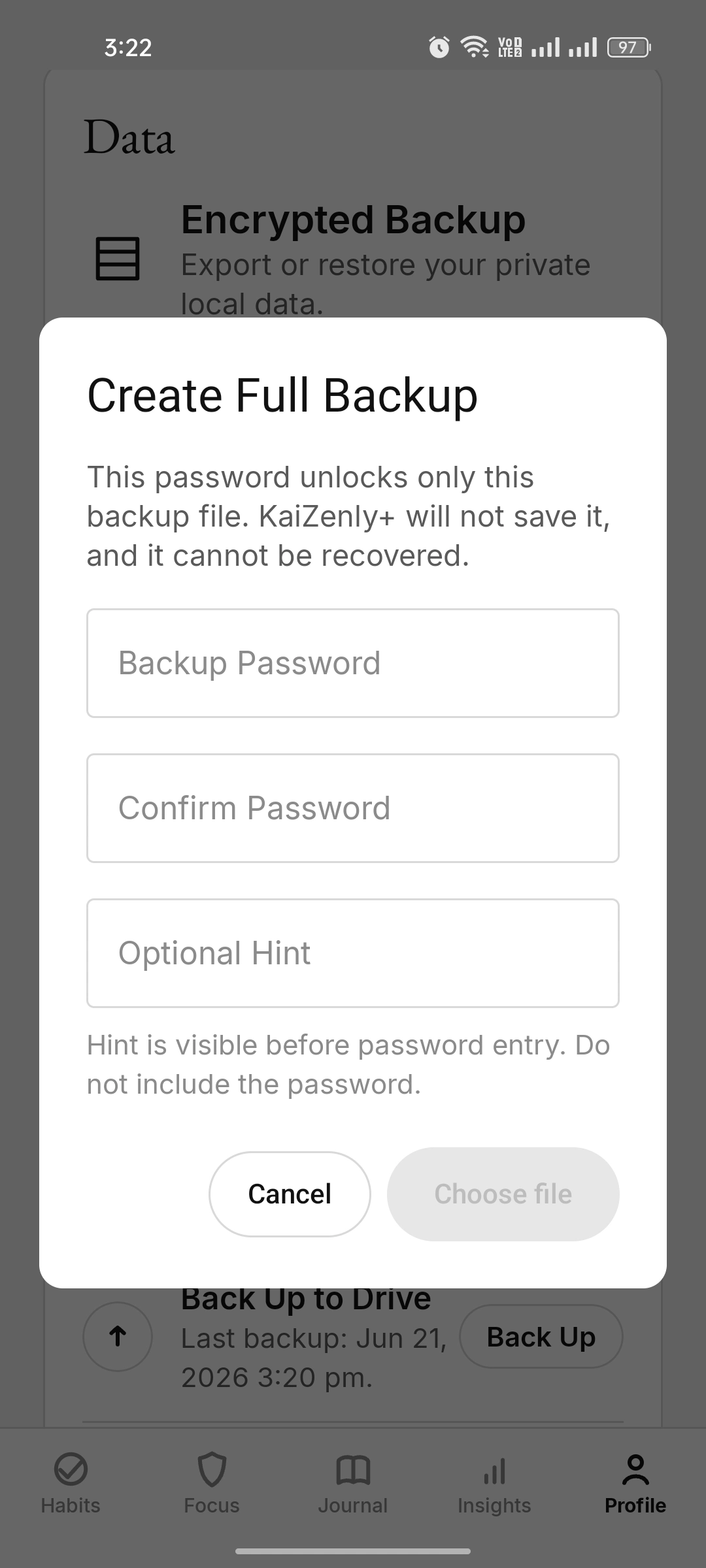 Create full backup dialog with password fields