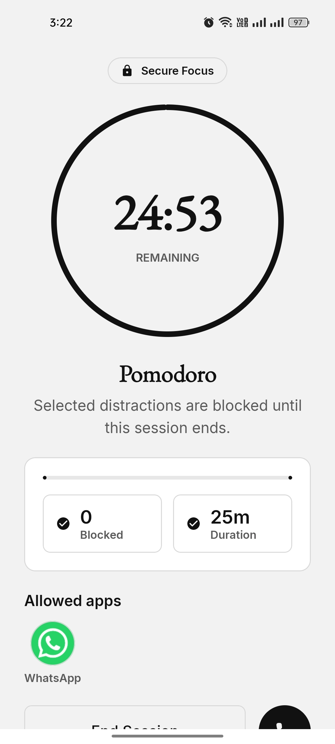 Running Pomodoro focus session in light theme with WhatsApp allowed