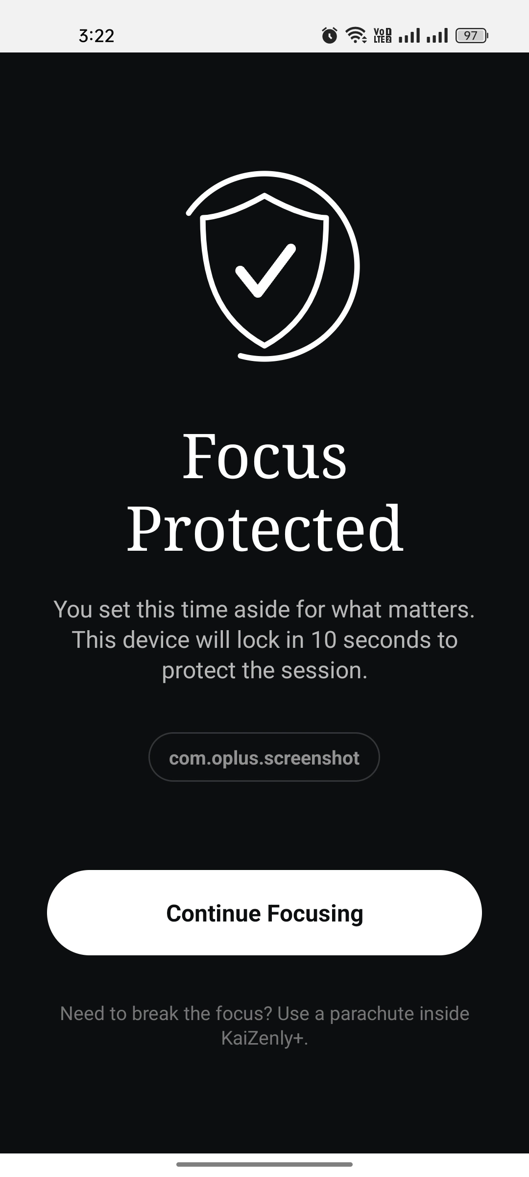 KaiZenly+ Focus Protected wall shown when a blocked app is opened