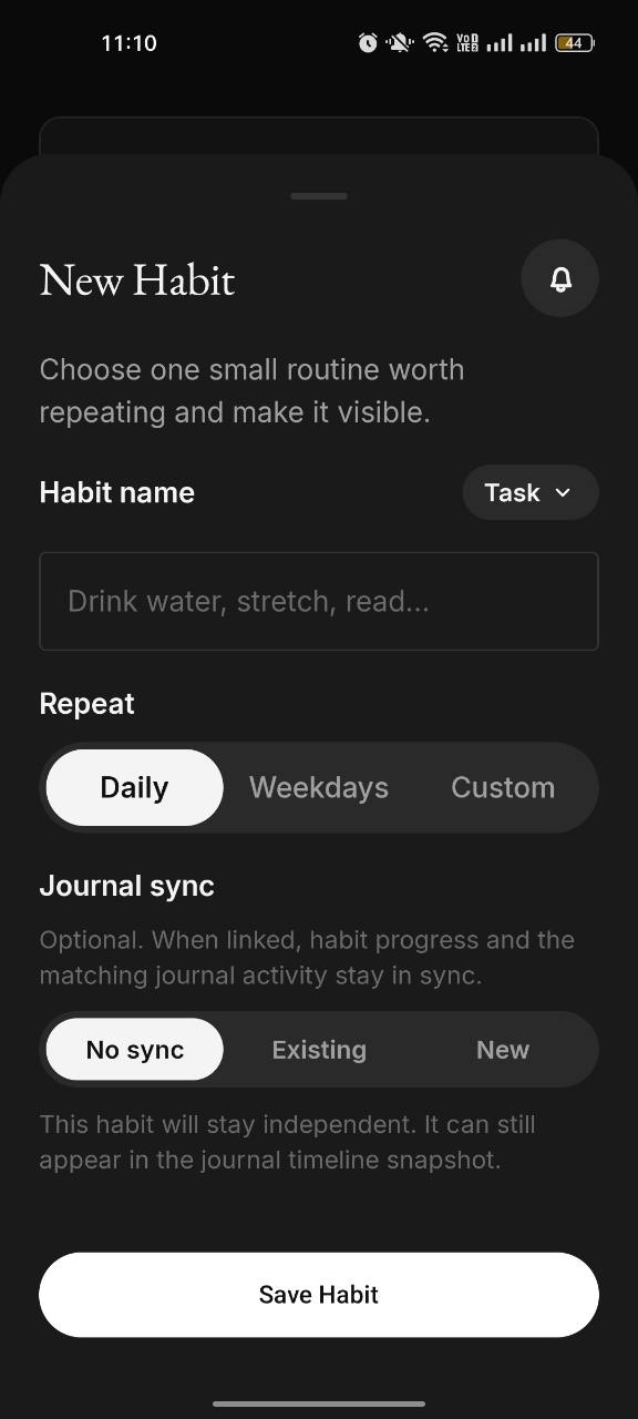Habit setup showing Journal sync turned off, for an independent habit that can still appear later in the Journal timeline snapshot