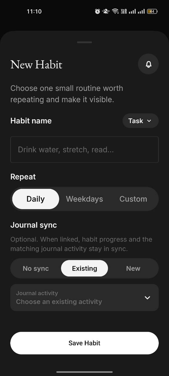 Habit setup showing the Existing Journal sync option, where a habit can link to an existing Journal activity
