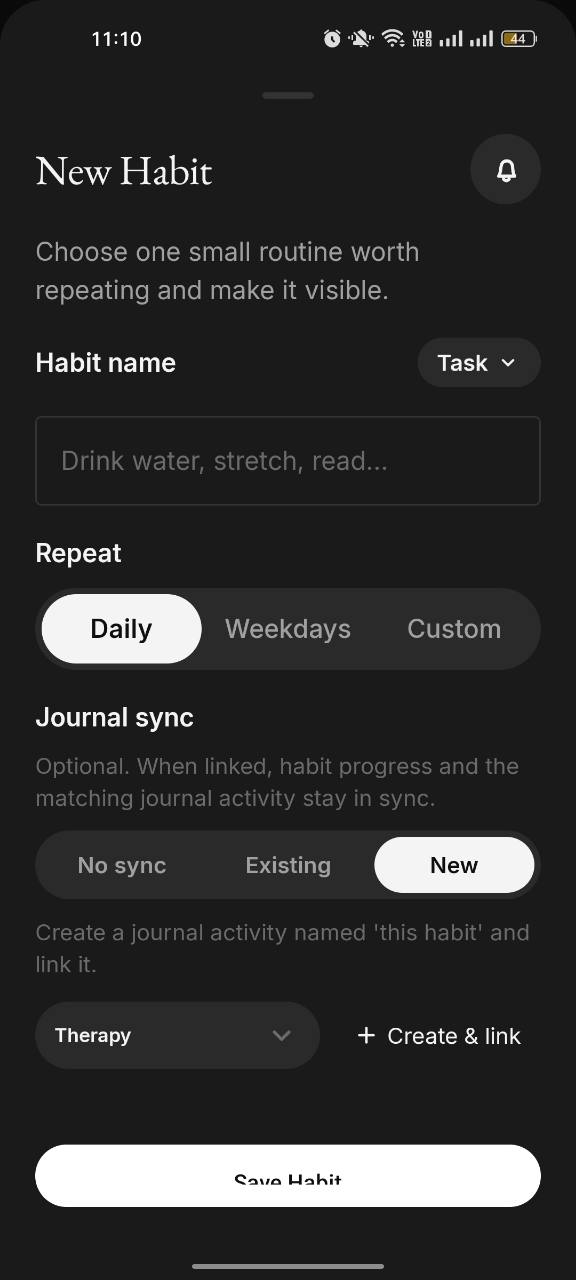 Habit setup showing the New Journal sync option, where a new Journal activity can be created and linked to the habit